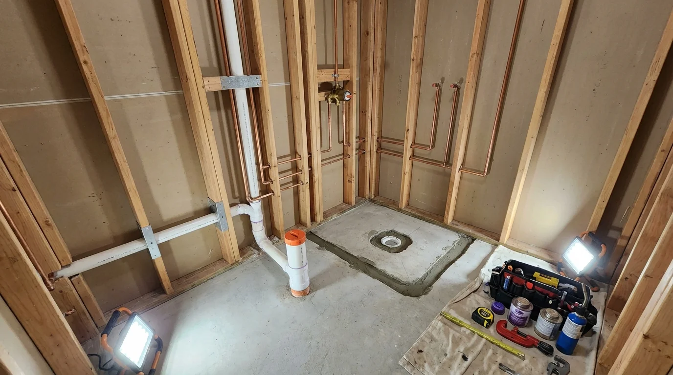 Bathroom rough-in plumbing during remodel by Johns Plumbing LLC in Wooster