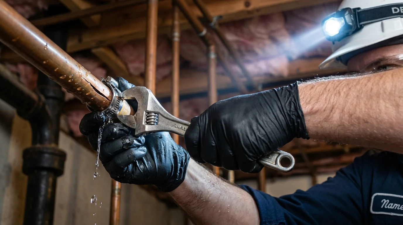 Emergency pipe clamp repair being performed by a Johns Plumbing LLC plumber in Wooster