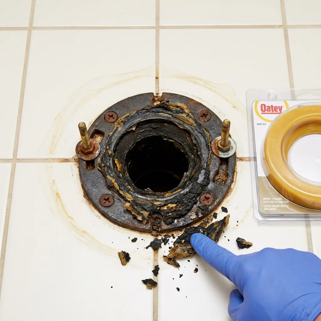 Failed wax ring showing water seepage at the base of a toilet in a Wooster, OH home