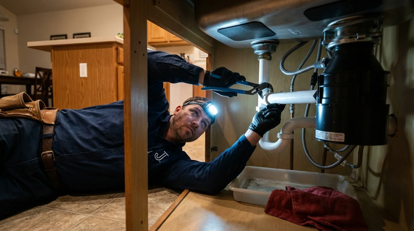 P-trap and supply line connections under a kitchen sink showing a common leak point in Wooster, OH